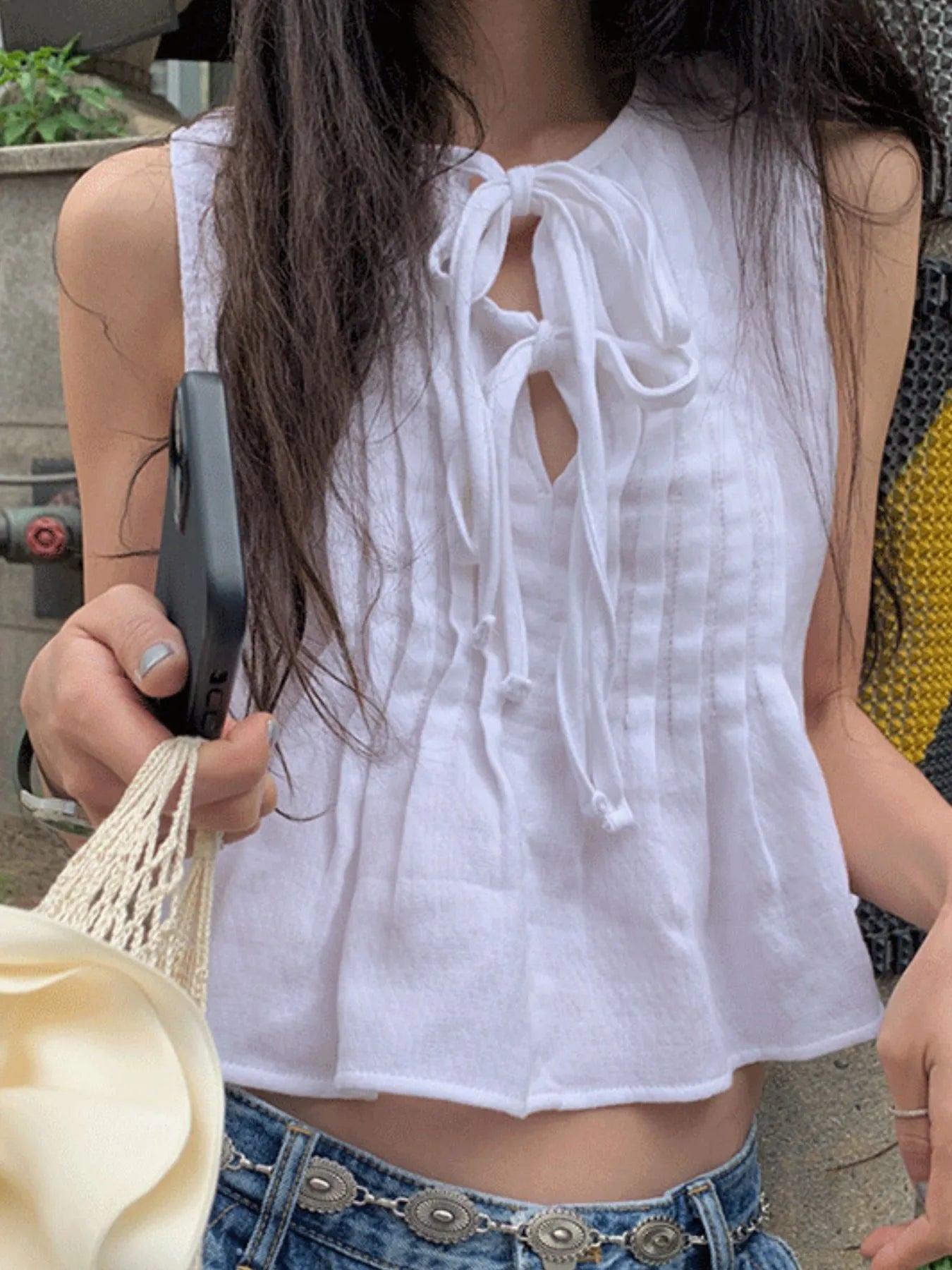 Tie-Front Sleeveless Summer Blouse – Lightweight Ruched Top White