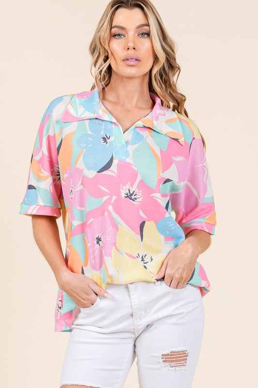 BOMBOM Floral Collared Neck Half Sleeve Top – Elegant & Versatile Multicolor