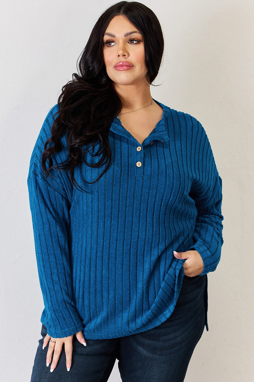 Basic Bae Ribbed Half Button Long Sleeve High-Low T-Shirt
