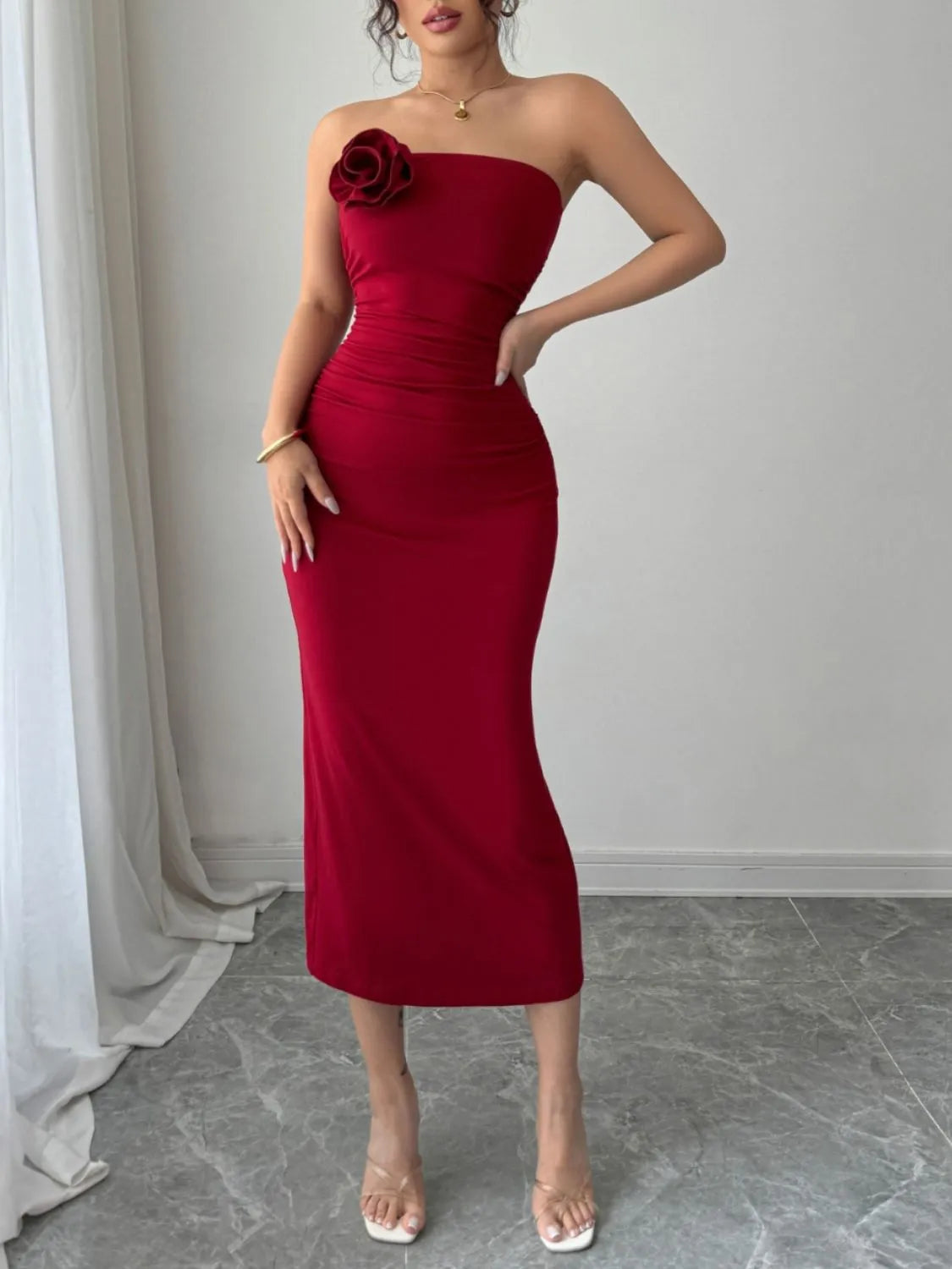 BloomBack Slit Back Floral Tube Midi Dress