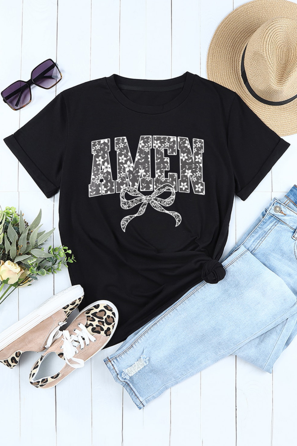 AMEN Bow Round Neck Short Sleeve T-Shirt - Casual & Stylish