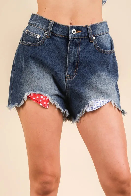 VERY J Raw Hem Contrast-Washed Denim Shorts - Vintage & Edgy Medium Blue