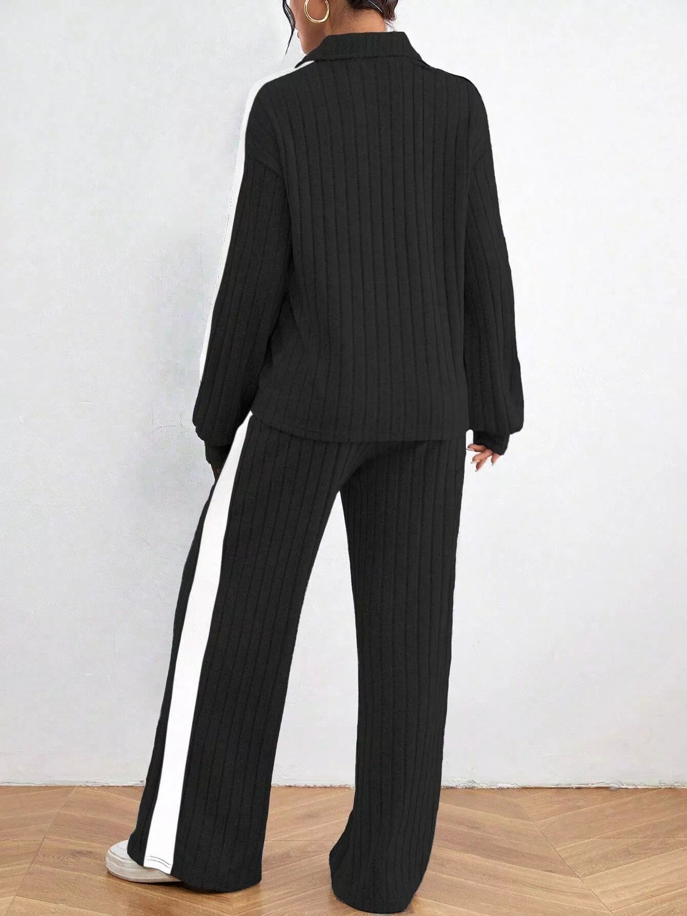 Ribbed Contrast Dropped Shoulder Top & Pants Co-ord Set