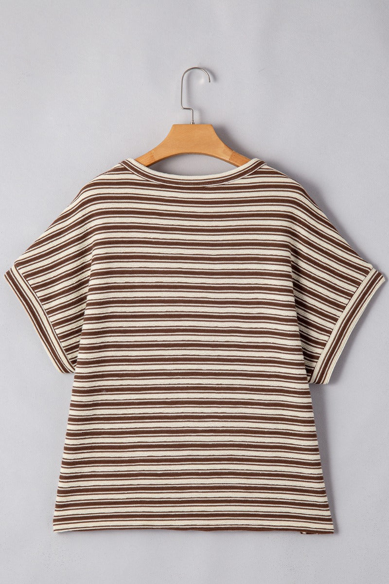 Stripe Textured Crew Neck T-Shirt with Side Slits - Relaxed Fit