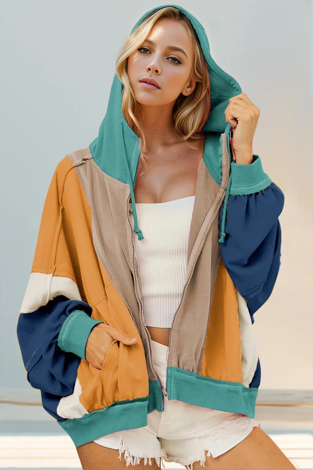 Double Take Full Size Color Block Zip-Up Hoodie with Pockets Khaki