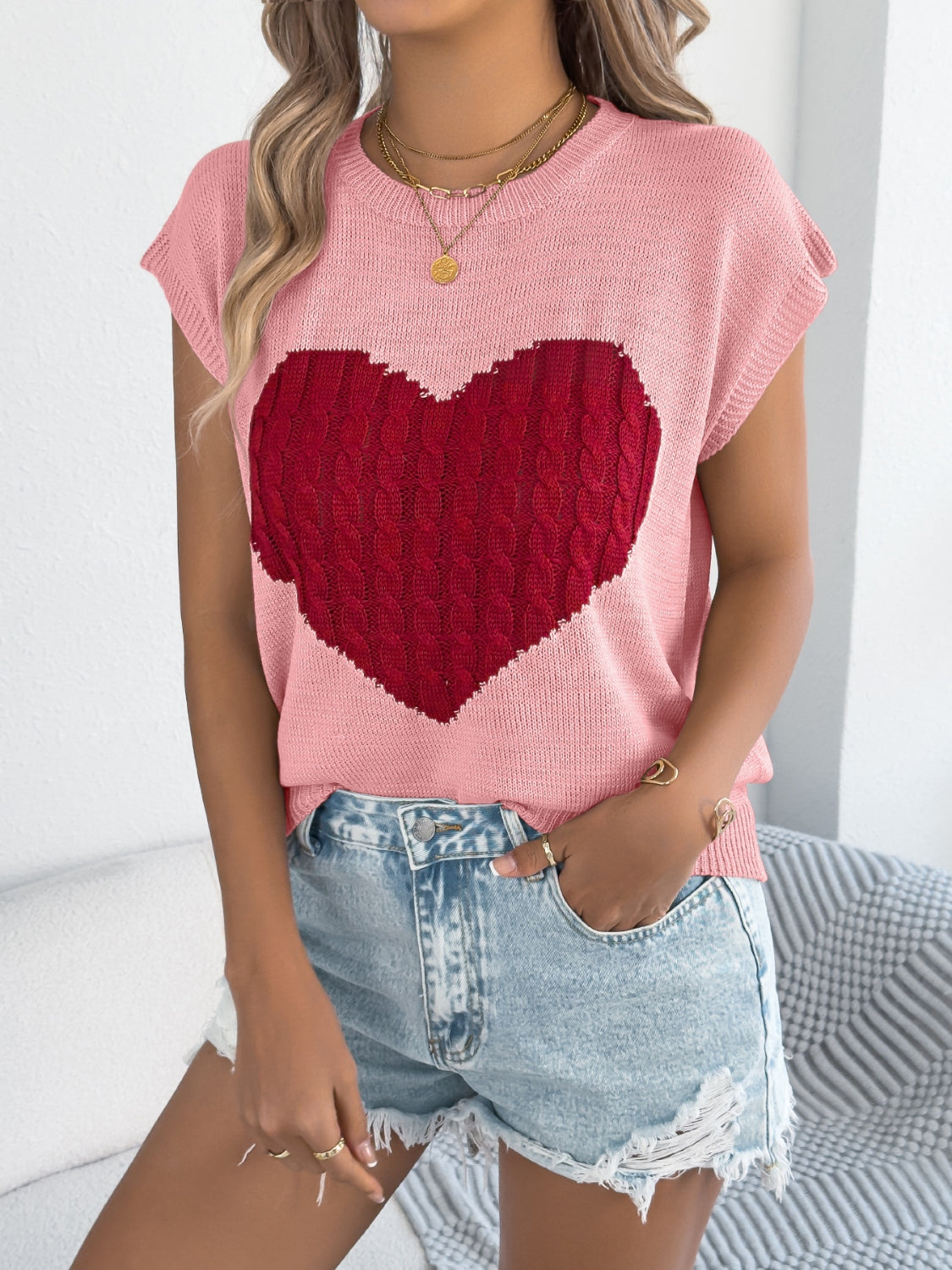 Cable Knit Heart Cap Sleeve Top - Soft & Stylish