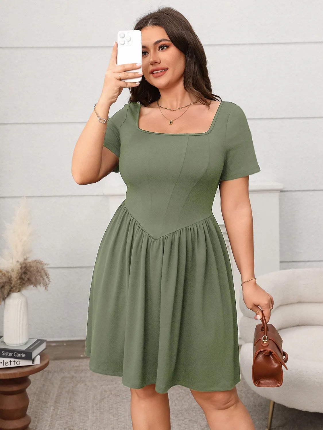 Plus Size Square Neck Short Sleeve Mini Dress – Comfortable & Chic