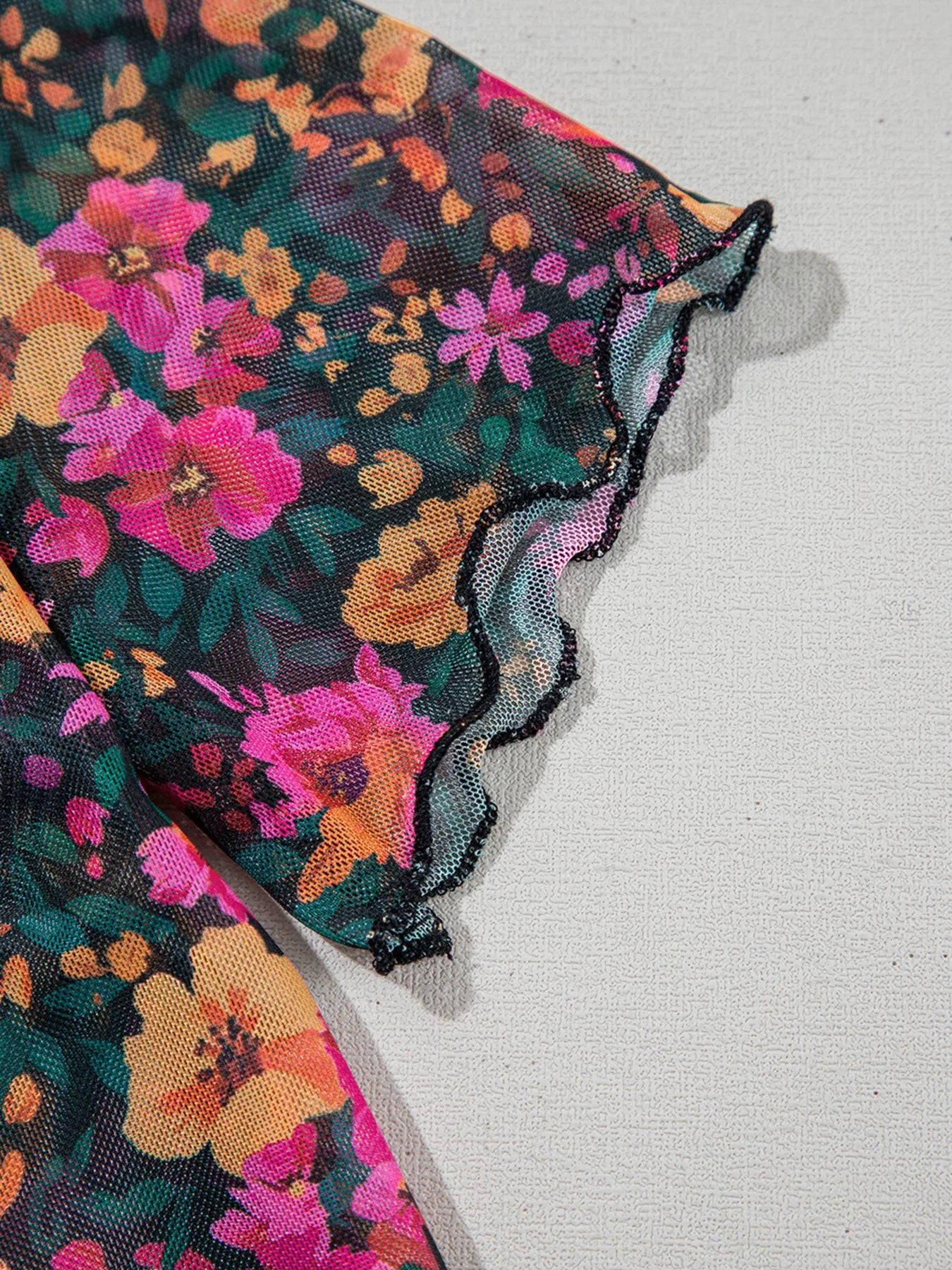 BloomMist Floral Mesh Mock Neck Short Sleeve Top