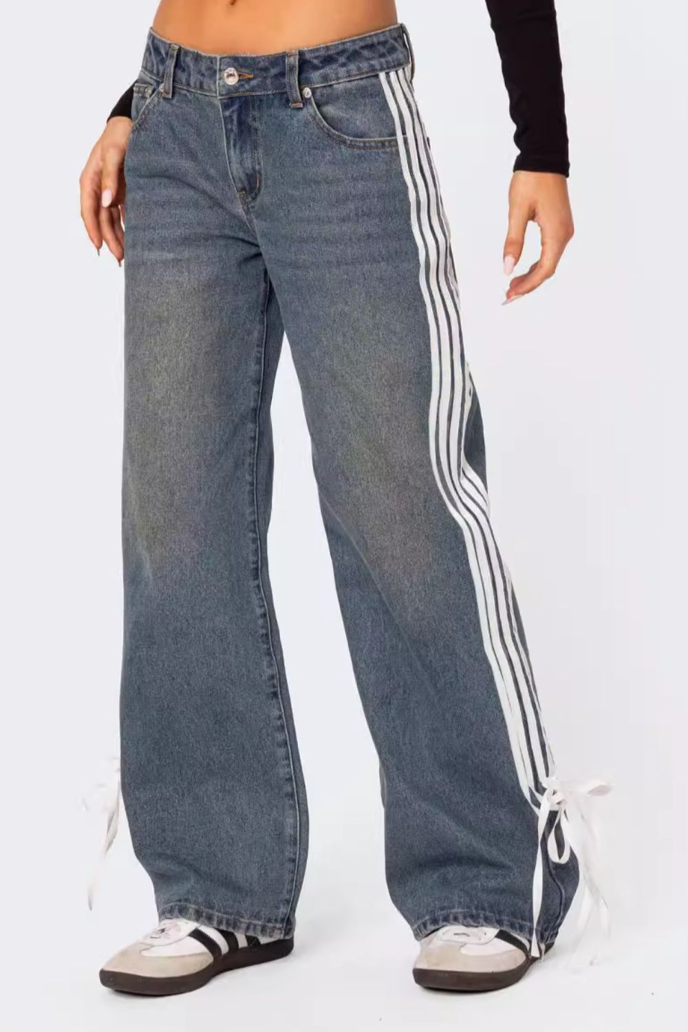 Side Striped Loose Fit Jeans - Trendy & Relaxed Denim Peacock Blue