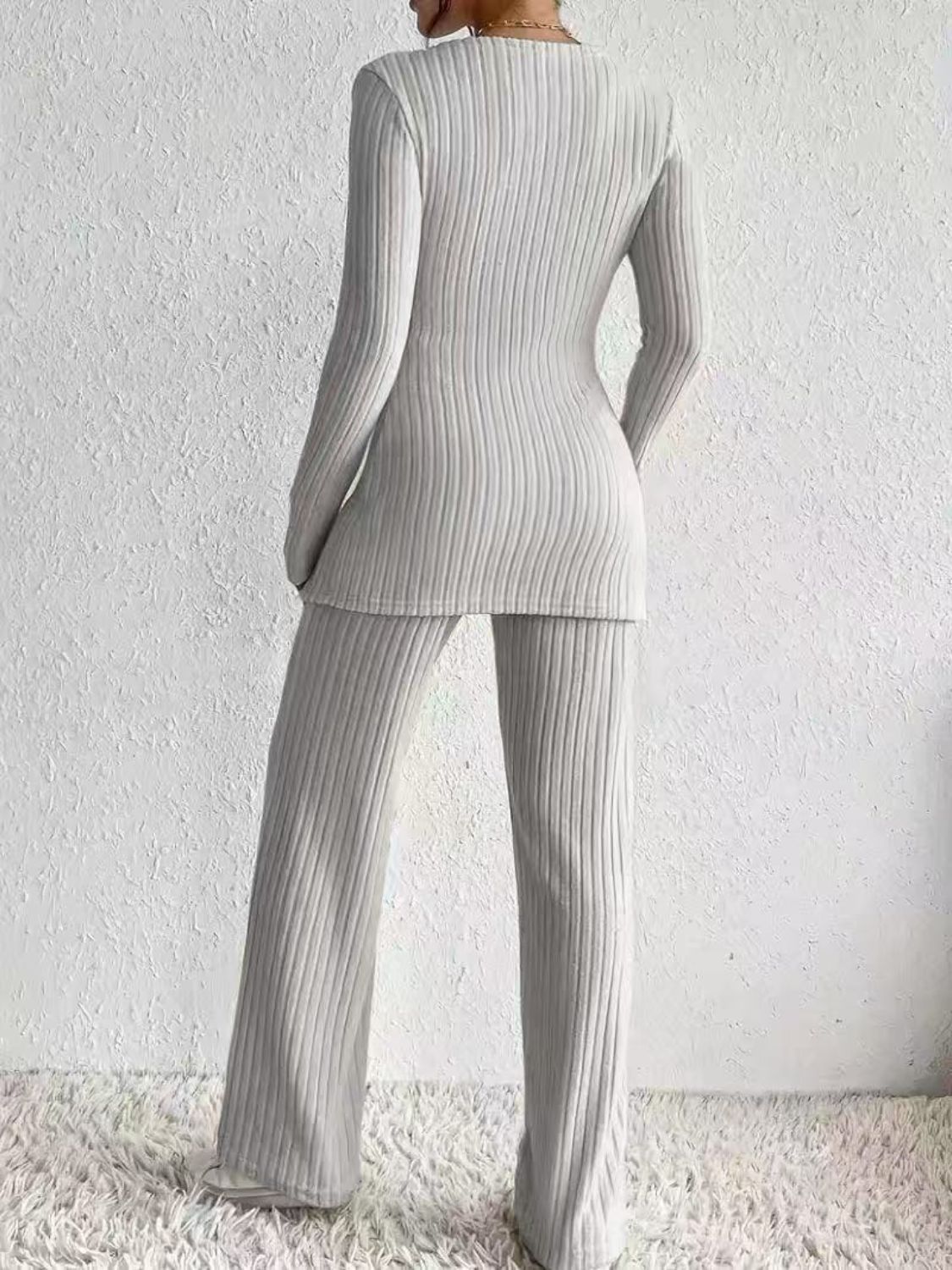 Surplice Long Sleeve Top & Pants Set - Chic Two-Piece Outfit