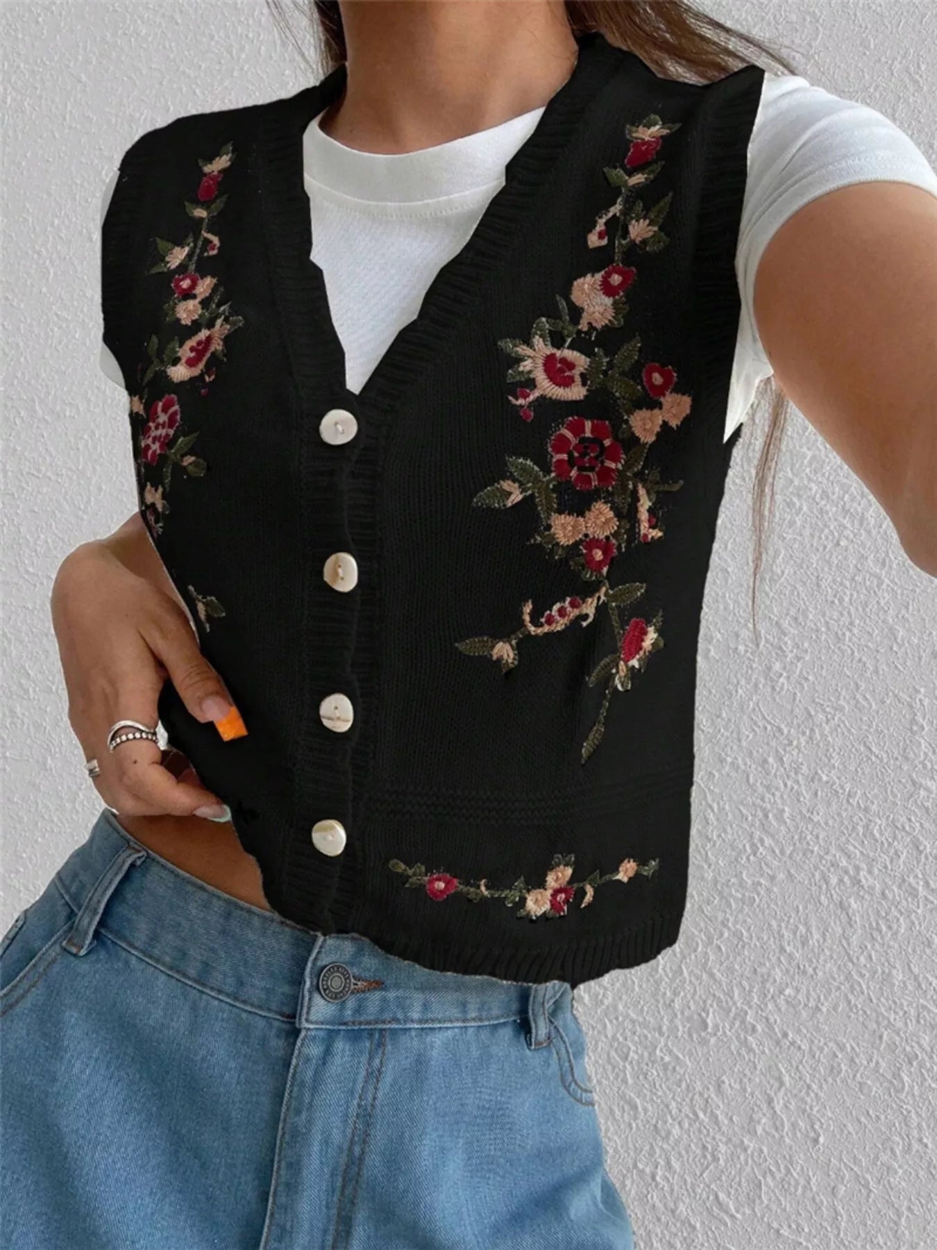 Chic Embroidered Button-Up Sweater Vest – Layer for Every Season