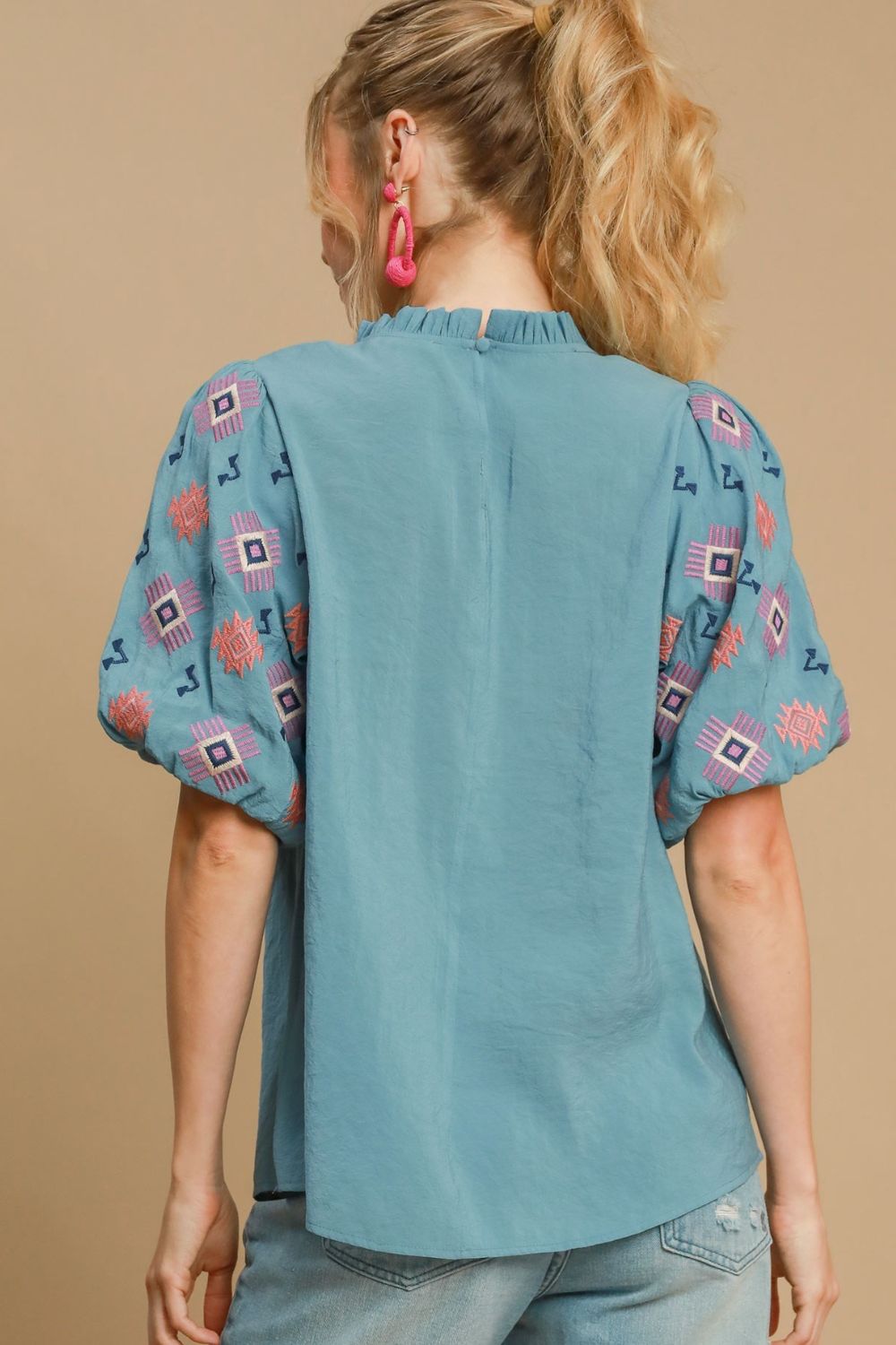 Embroidered Puff Sleeve Mock Neck Top