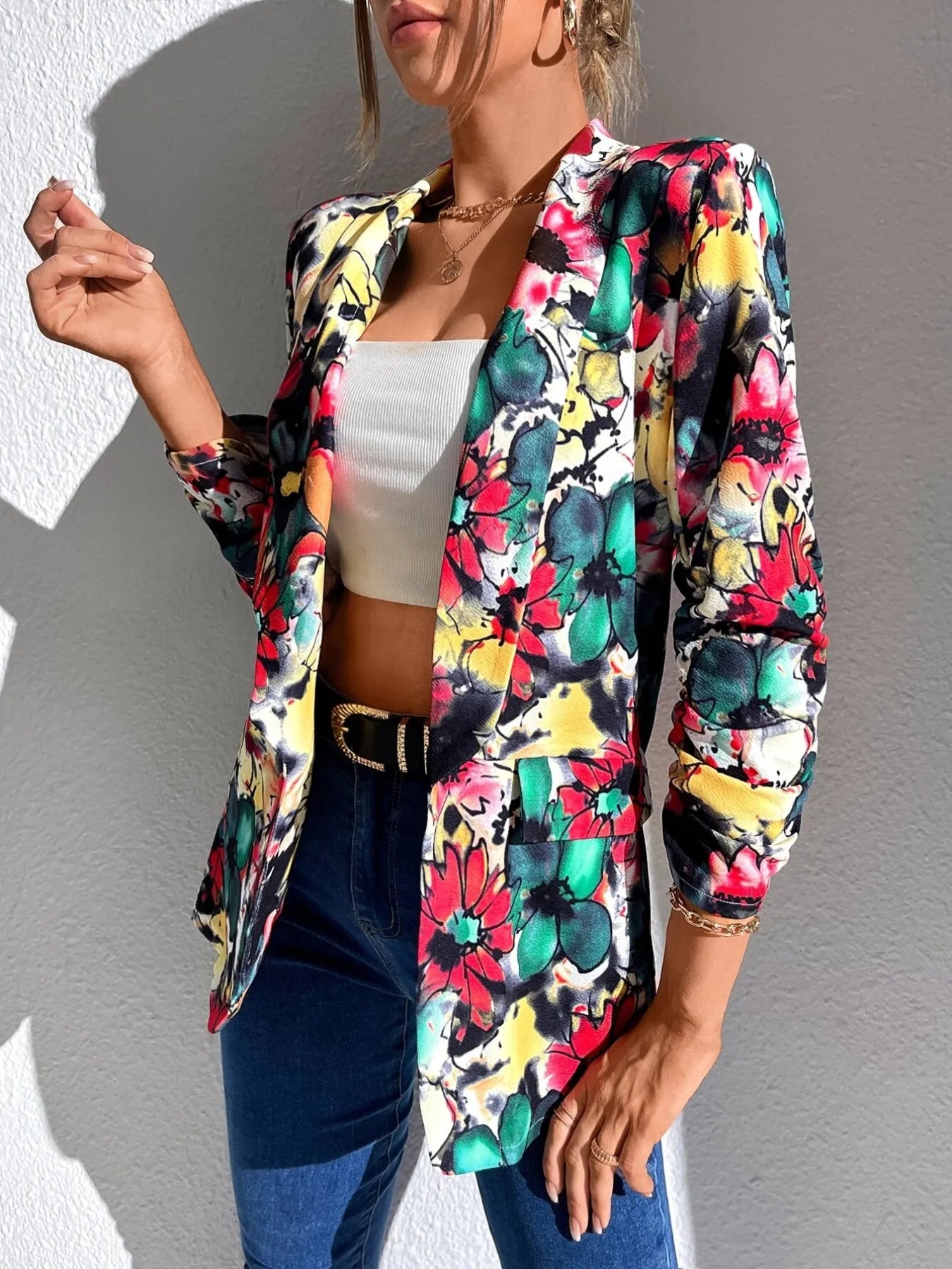 Vibrant Floral Open Front Blazer – Lightweight & Chic