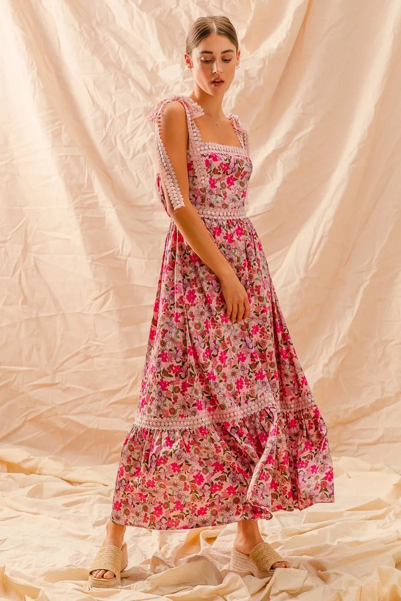 SO ME Floral Maxi Dress with Ribbon Tie Lace Strap – Boho Summer Tiered Dress