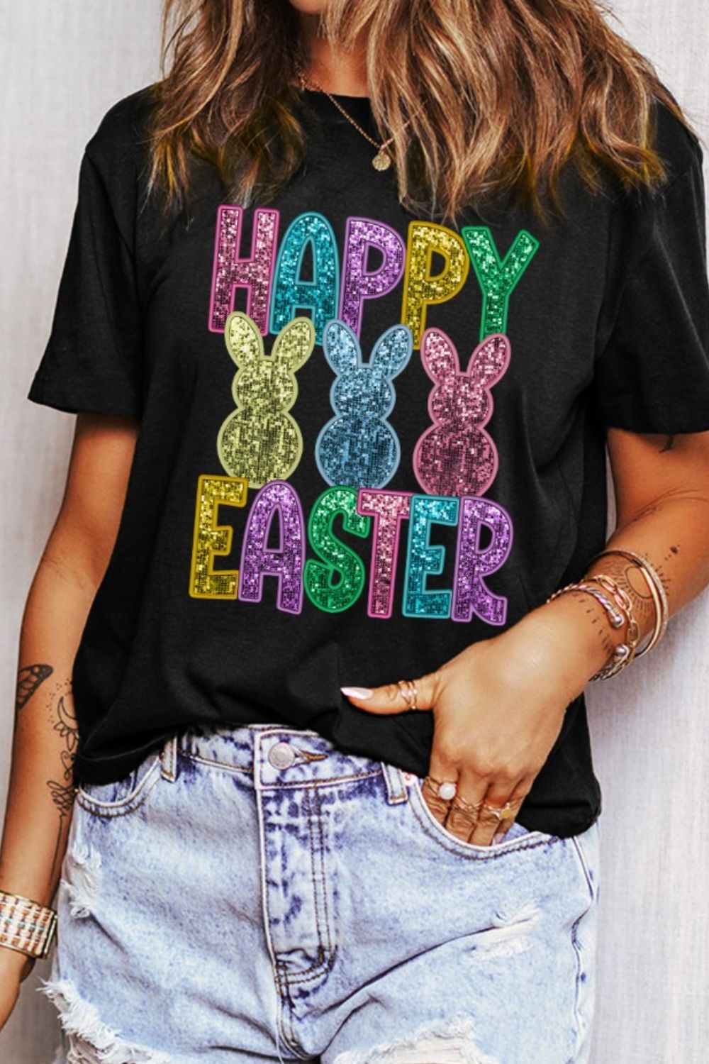 HAPPY EASTER Sequin Bunny T-Shirt - Festive & Sparkly Tee
