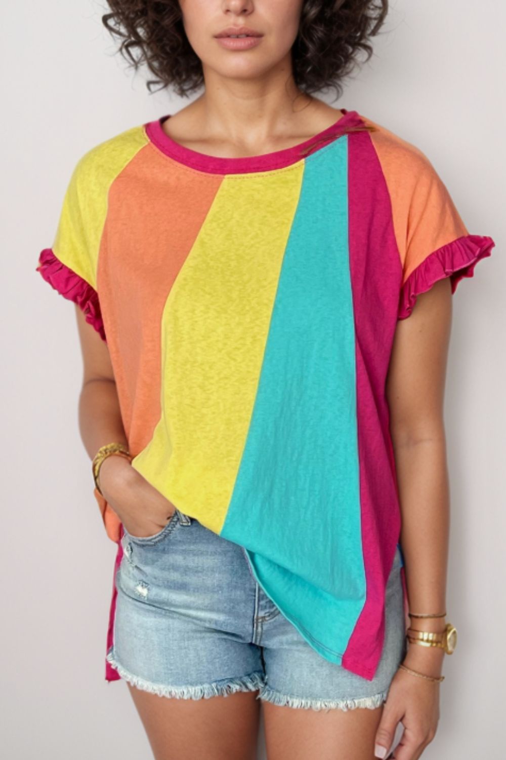 Frill Color Block Loose Fit T-Shirt - Casual & Trendy Multicolor