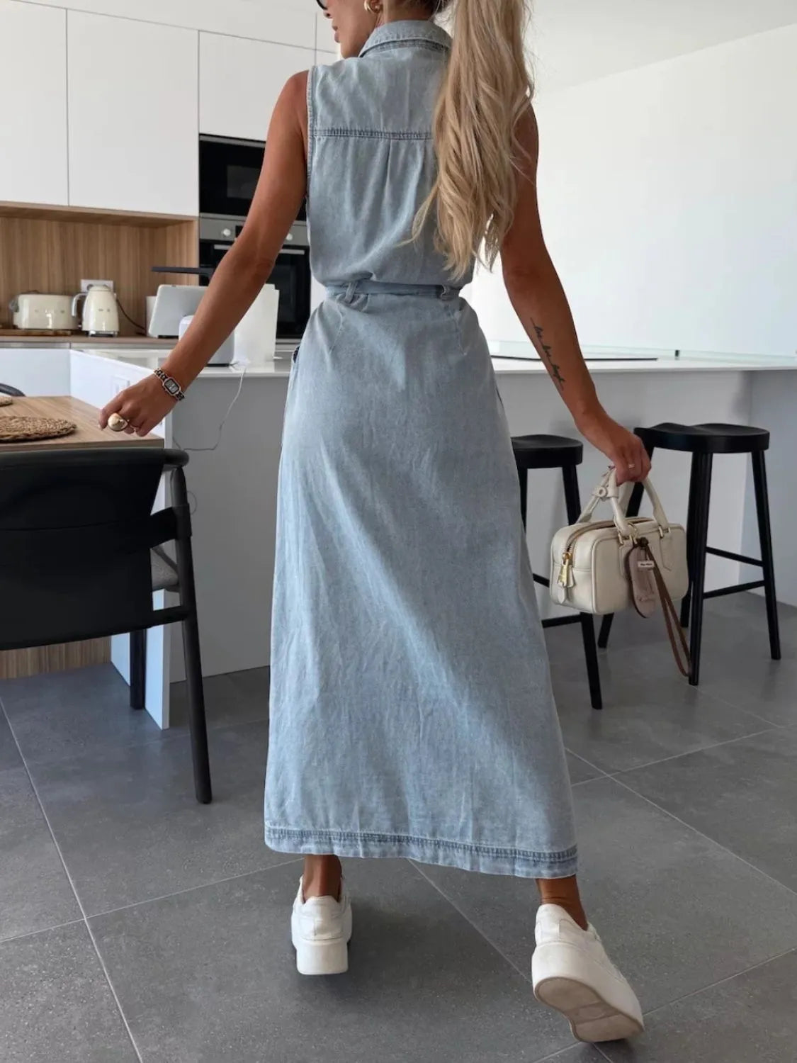 Sleeveless Button-Front Denim Maxi Dress with Belt