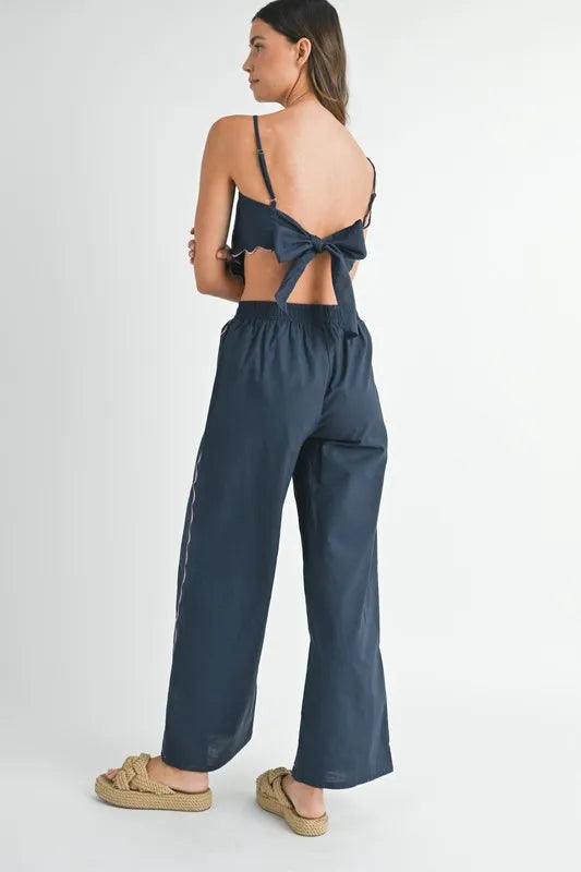 MABLE Elegant Linen Embroidered Scarf Top & Pants Set