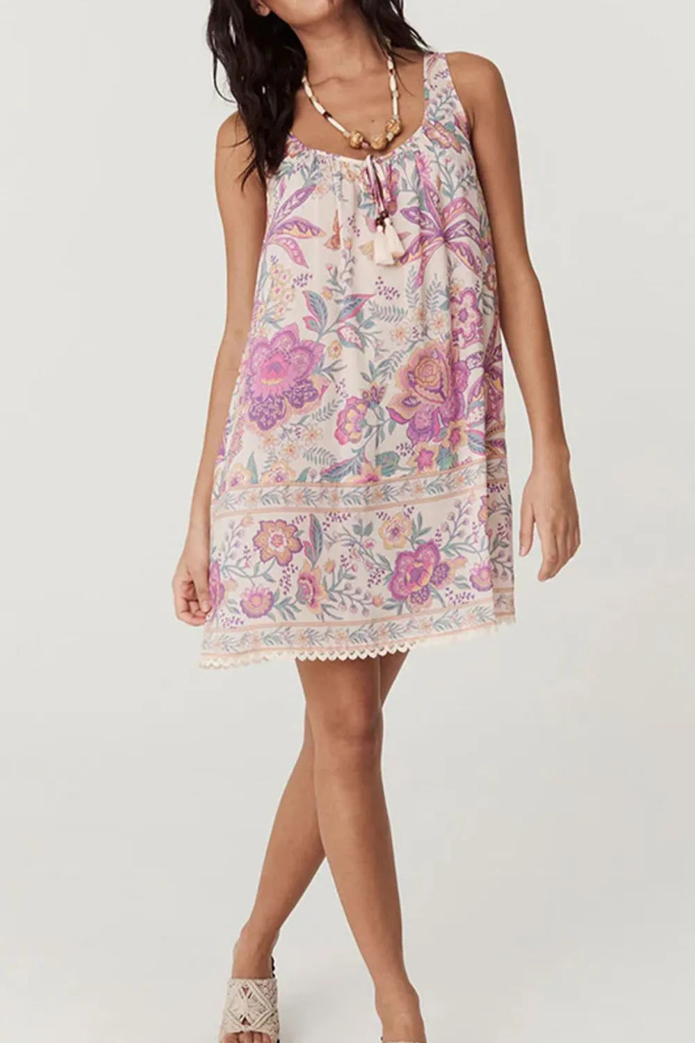 Floral Tie Neck Mini Dress - Sleeveless & Breezy
