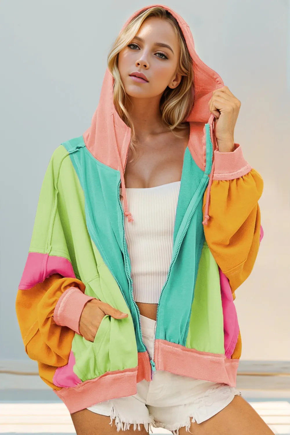 Double Take Full Size Color Block Zip-Up Hoodie with Pockets Tiffany Blue