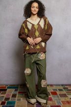 POL Argyle Dreams V‑Neck Mohair Sweater with Contrast Stitch