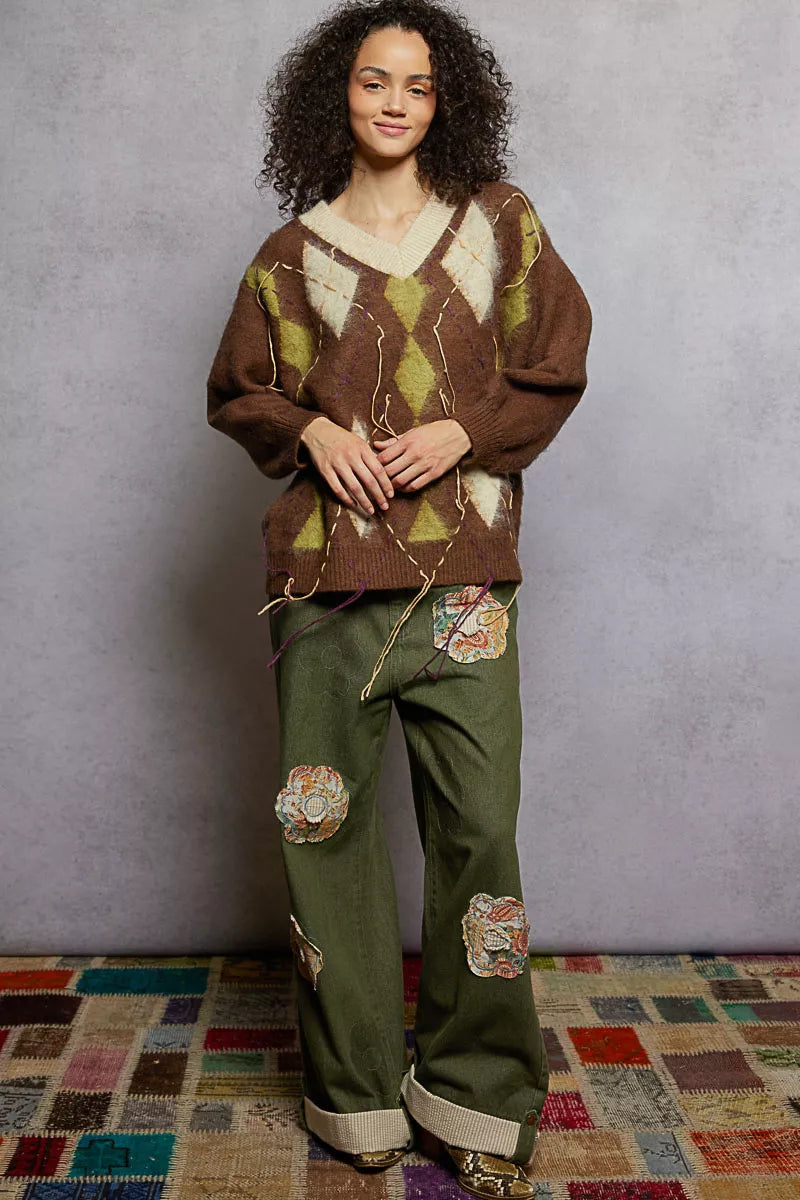 POL Argyle Dreams V‑Neck Mohair Sweater with Contrast Stitch