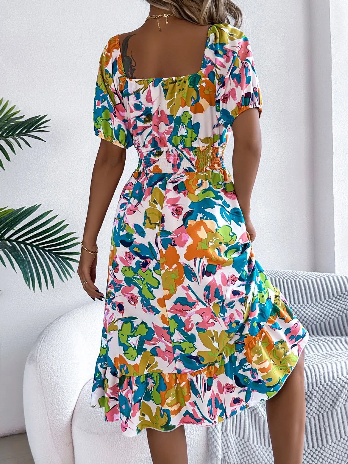 Smocked Ruffle Hem Floral Midi Dress