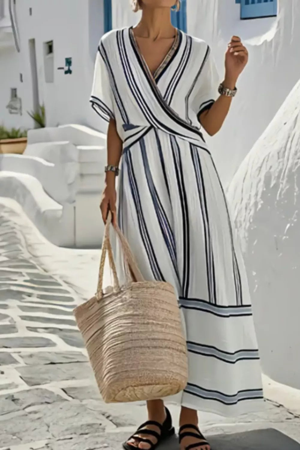 Striped Wrap Half-Sleeve Maxi Dress White