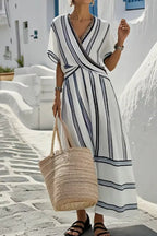 Striped Wrap Half-Sleeve Maxi Dress White