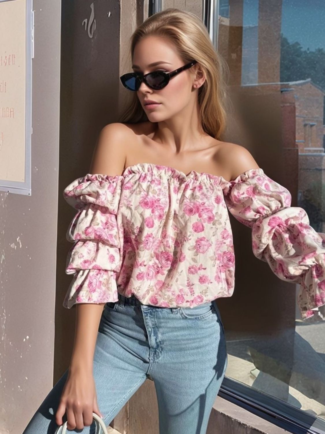 Printed Off-Shoulder Flounce Sleeve Blouse – Chic & Trendy