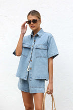 Collared Button-Up Denim Top and Shorts Set – Two-Piece Casual Outfit