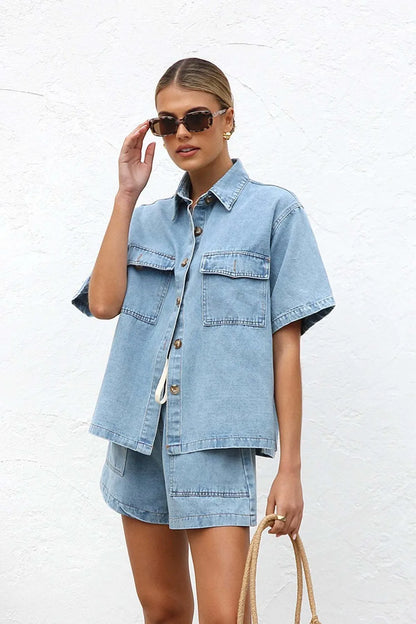 Collared Button-Up Denim Top and Shorts Set – Two-Piece Casual Outfit
