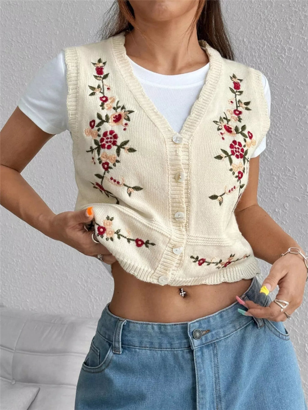 Chic Embroidered Button-Up Sweater Vest – Layer for Every Season Beige