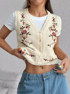Chic Embroidered Button-Up Sweater Vest – Layer for Every Season Beige
