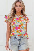 Floral Print Shirred Tiered Ruffled Sleeve Blouse Floral