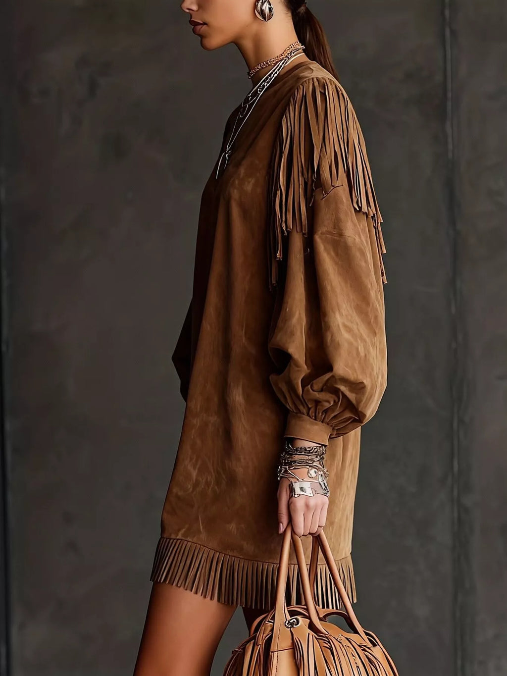 Statement Suede Fringe Lantern Sleeve Mini Dress