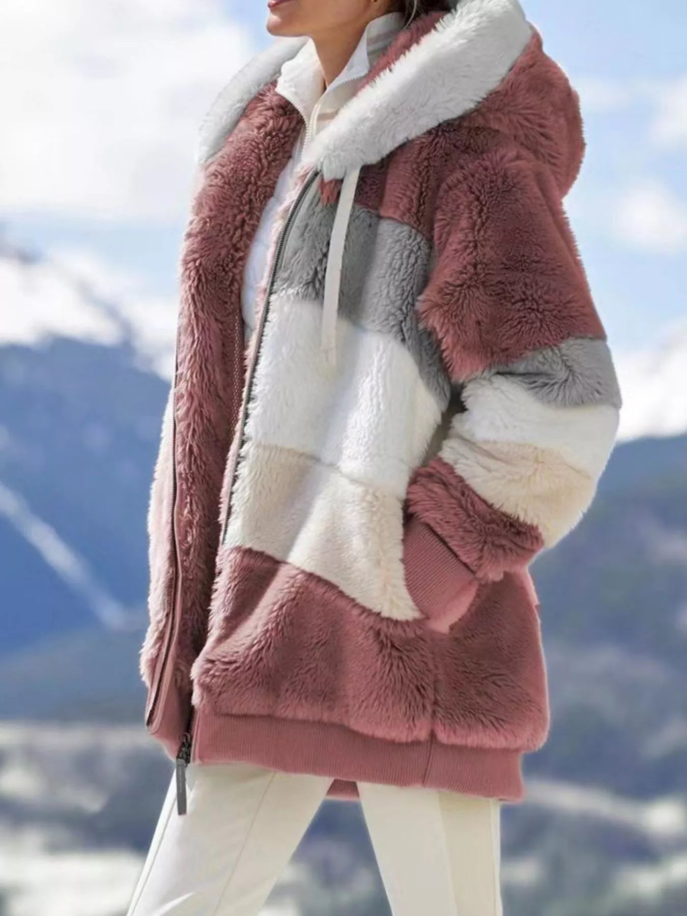 Full-Size Fuzzy Zip-Up Hooded Outerwear Jacket (Plus Size)