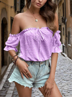 Chic Off-Shoulder Swiss Dot Ruffle Blouse with Tie Front â€“ Elegant and Feminine Style