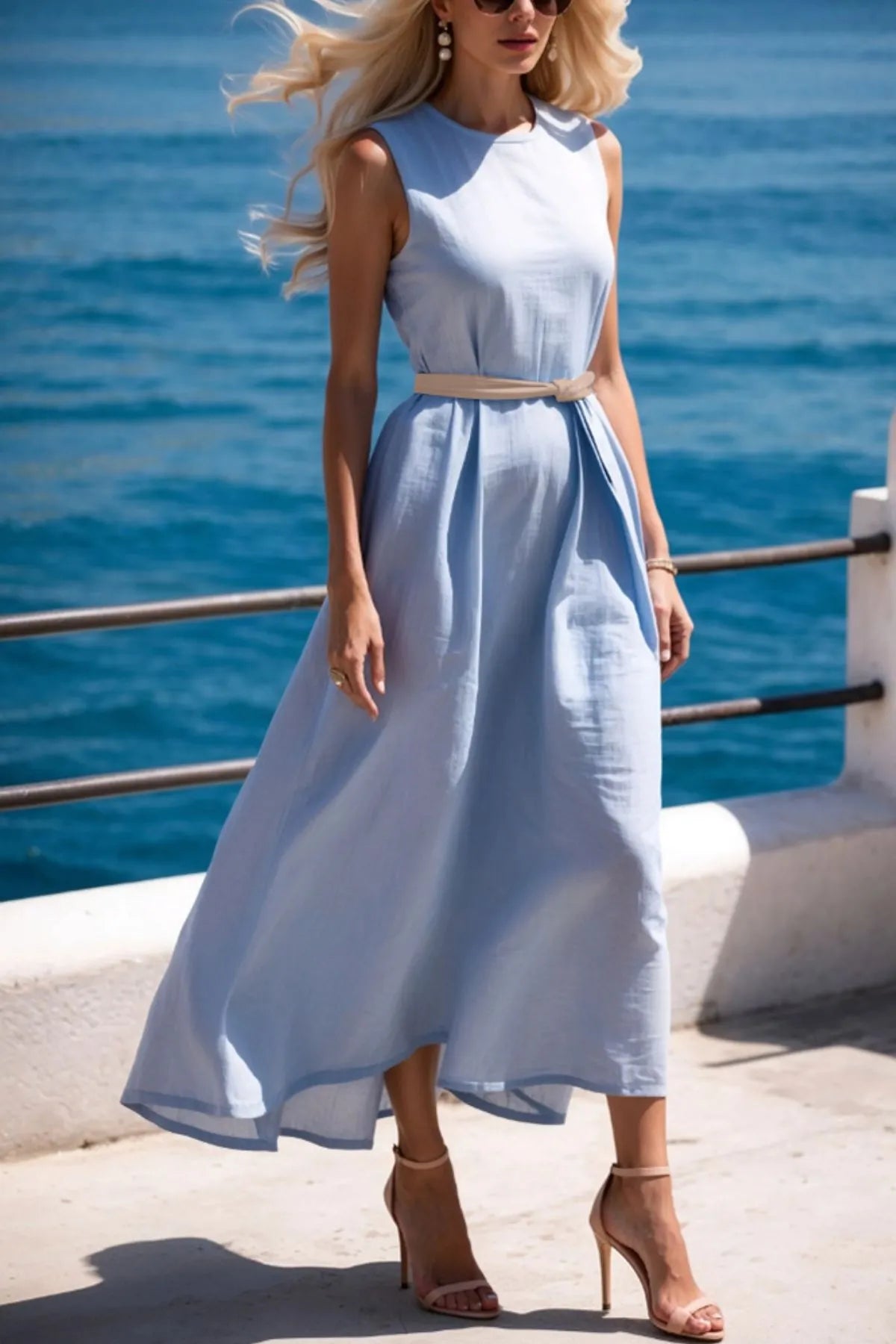 Round Neck Sleeveless Midi Dress Light Blue
