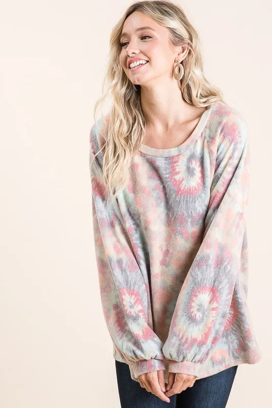 BiBi Brushed Tie Dye Print Top with Puff Sleeves