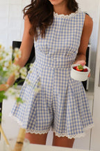 Lace Detail Plaid Sleeveless Romper Ã¢â‚¬â€œ Cotton One-Piece
