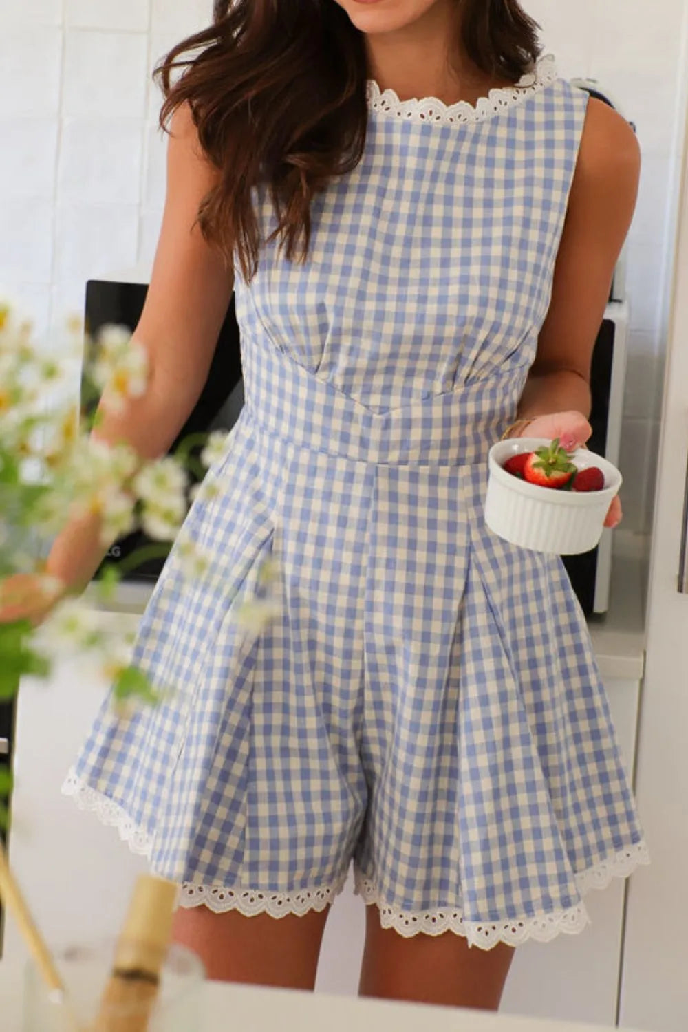 Lace Detail Plaid Sleeveless Romper Ã¢â‚¬â€œ Cotton One-Piece