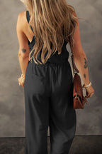Knotted Straps Button Textured Drawstring Jumpsuit