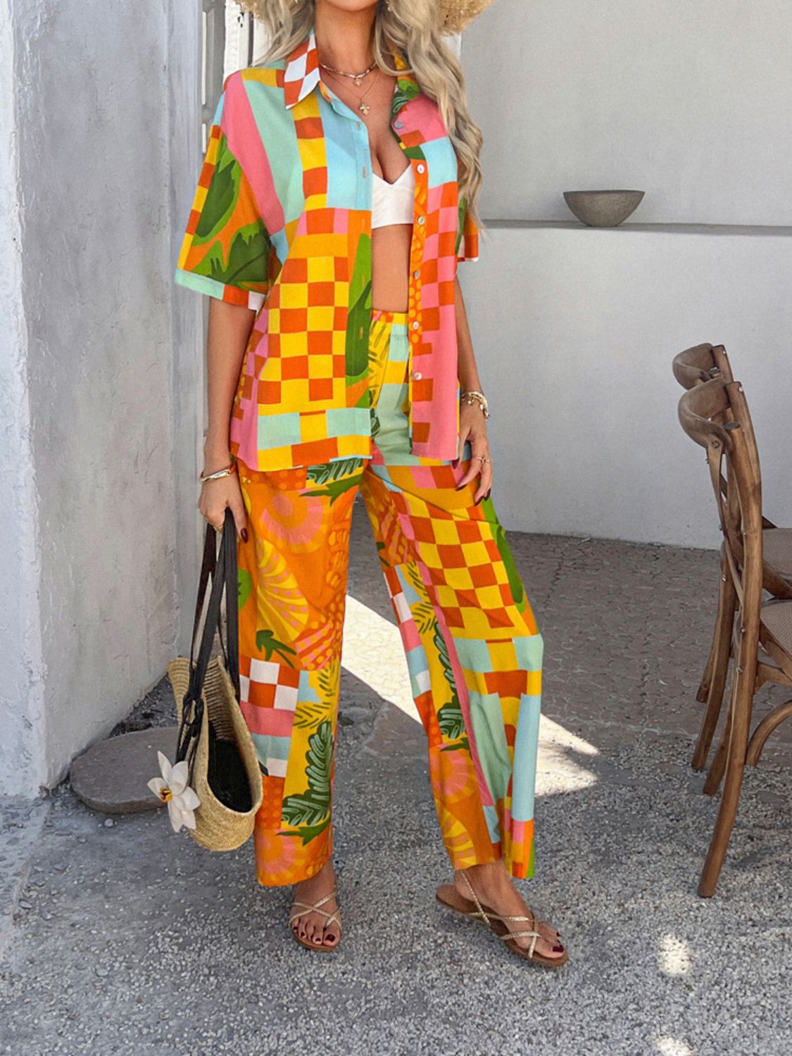 Devine Printed Button Down Shirt and Pants Set