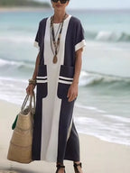 Plus Size Color Block Maxi Dress with Pockets – Oversized Short Sleeve Casual Outfit