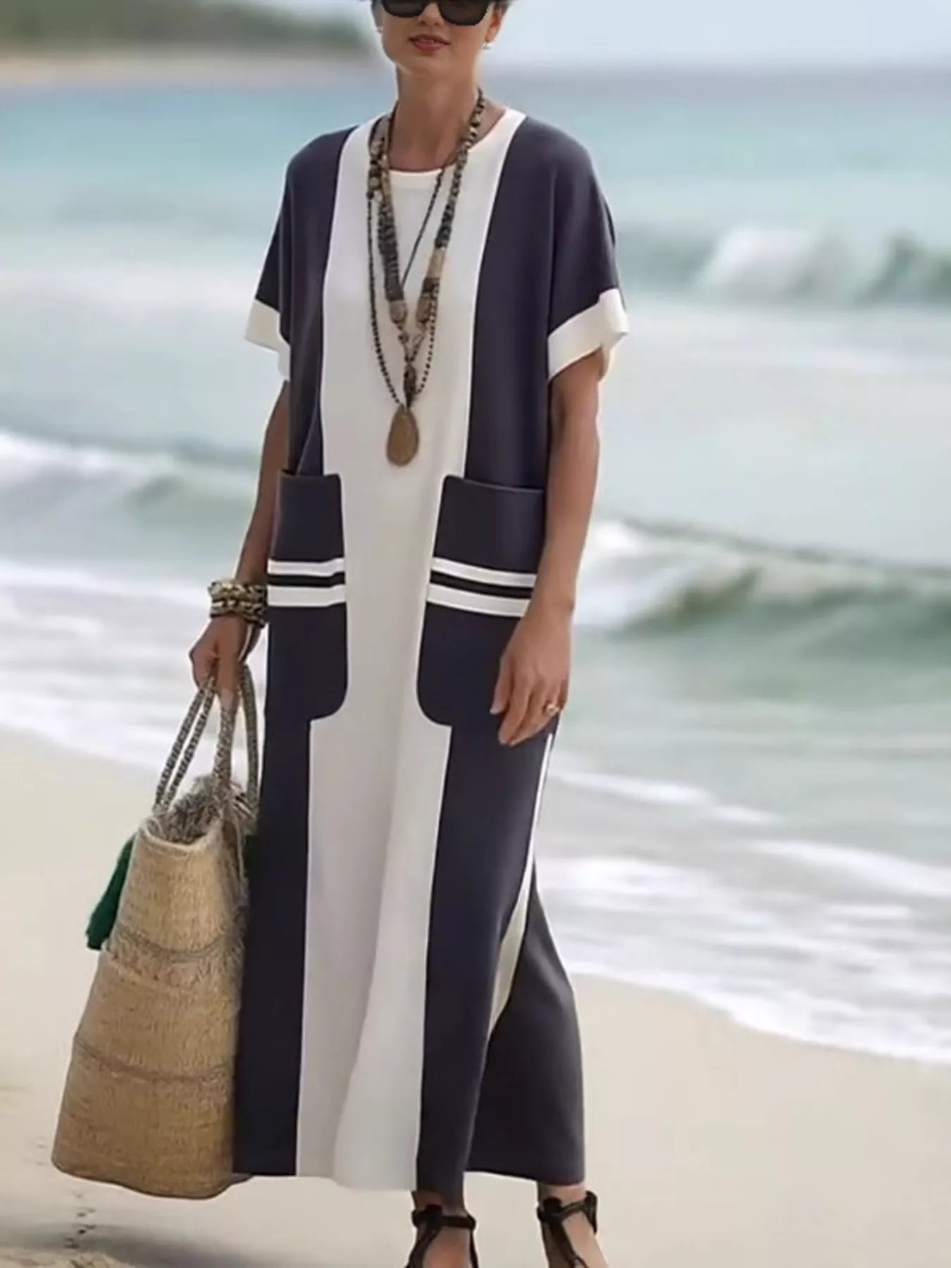 Plus Size Color Block Maxi Dress with Pockets – Oversized Short Sleeve Casual Outfit