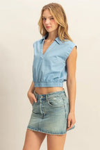 Johnny Collar Sleeveless Cropped Blouse - Trendy & Chic