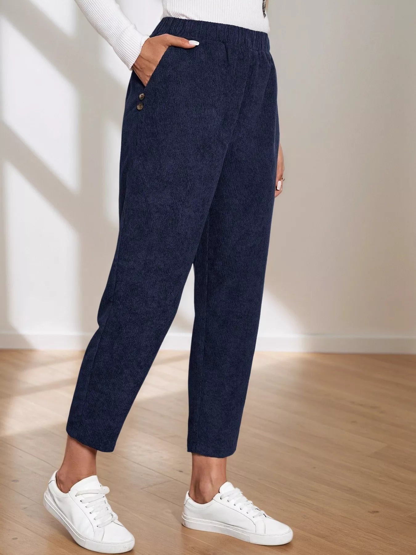 Comfort Fit Corduroy Elastic Waist Cropped Pants Blue