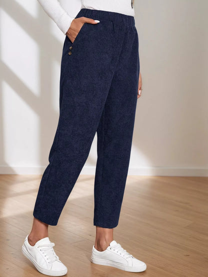 Comfort Fit Corduroy Elastic Waist Cropped Pants Blue