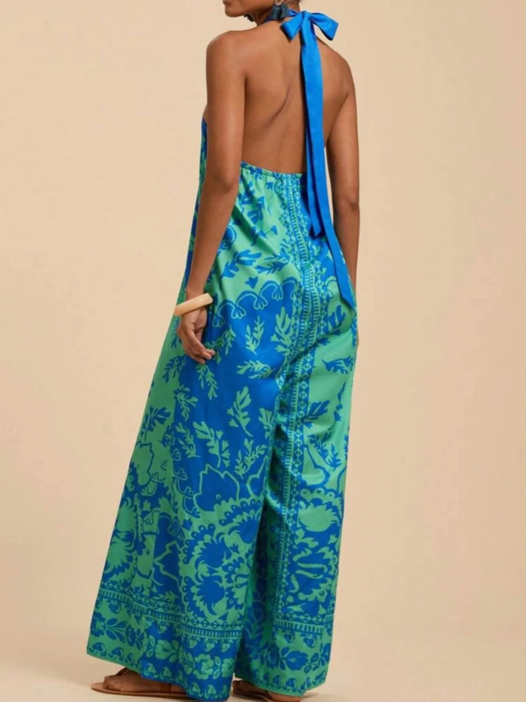 Boho Printed Halter Neck Wide-Leg Jumpsuit